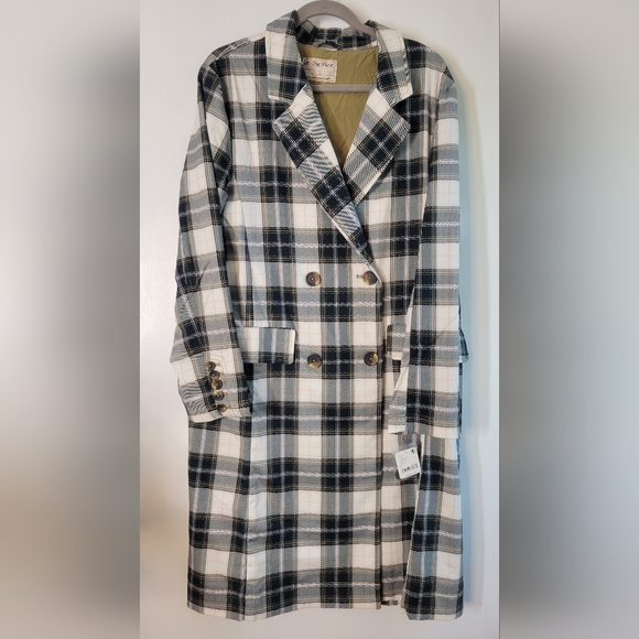 NWT Free People Freddie Longline Plaid Blazer Green Cream - Picture 2 of 9